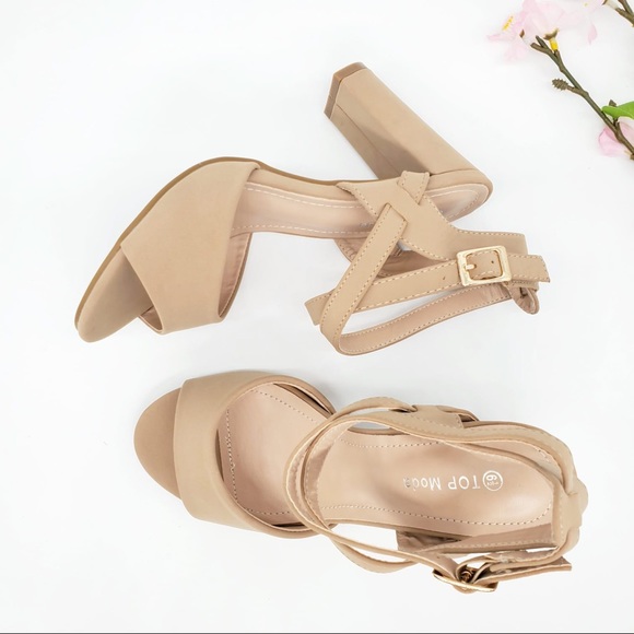 Beige Block Heel Sandal with ankle strap - Picture 2 of 6